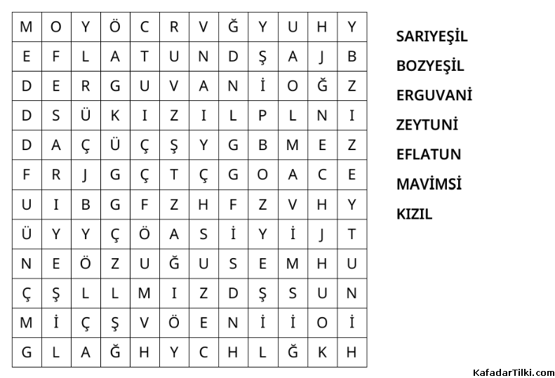 Kolay Kelime Avı, Renkler - 1